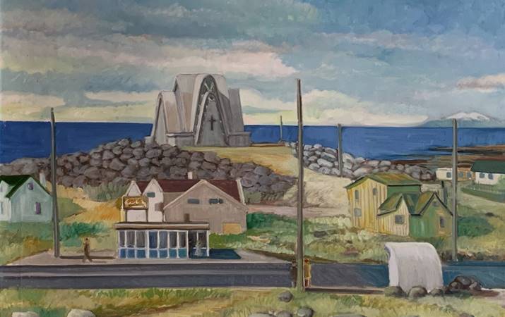 Kópavogskirkja - málverk eftir Sigfús Halldórsson (1920-1996) í safnaðarheimilinu Borgum - mynd: hsh